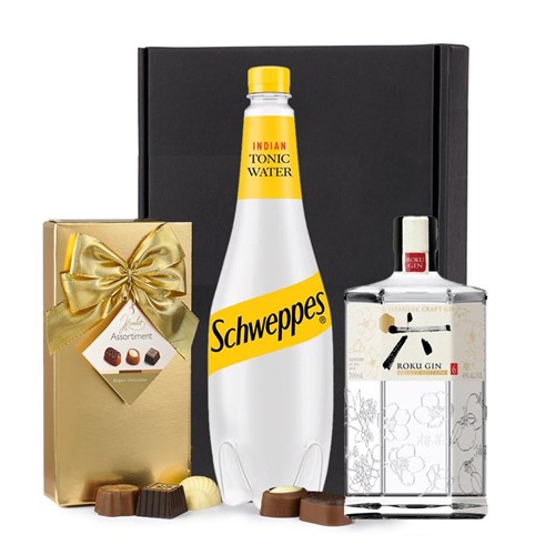 Roku Japanese Premium Craft Gin 70 cl with Schweppes Tonic & Chocolates Gift Box | Spirit Mixer Set